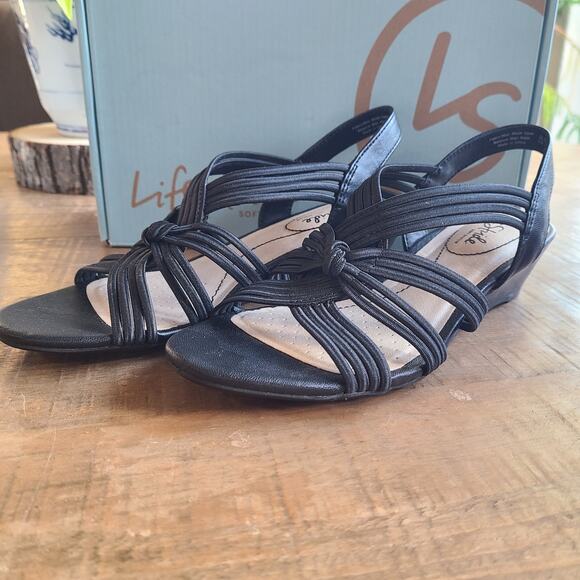 LIFESTRIDE Womens Strappy Sandal Yvette Wedge Sling Back Black SZ‎ 6.5 NEW - Picture 1 of 6